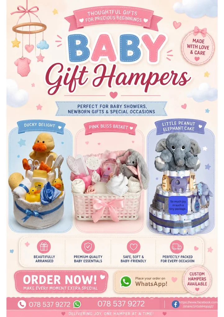 Baby gift hampers by Thuli — Ducky Delight basket, Pink Bliss Basket and Little Peanut elephant nappy cake